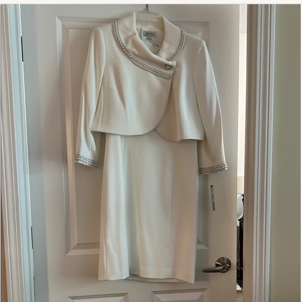Tahari Cream Dress with Pearl-Embellished Jacket